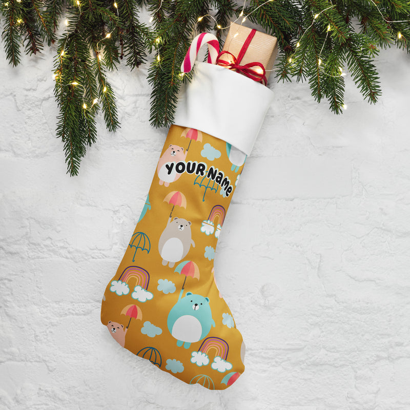 Adorable Personalized Custom Name Bears and Umbrellas Christmas Stocking