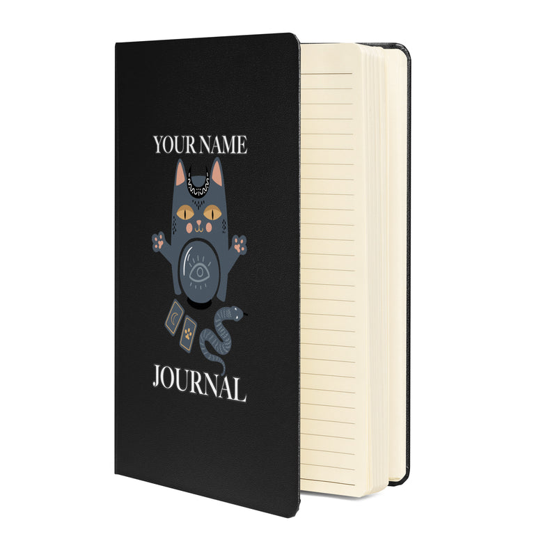 Personalized Custom Name Journal Blank lined Page with a Cute Majick Cat Spiritual on Hardcover bound notebook