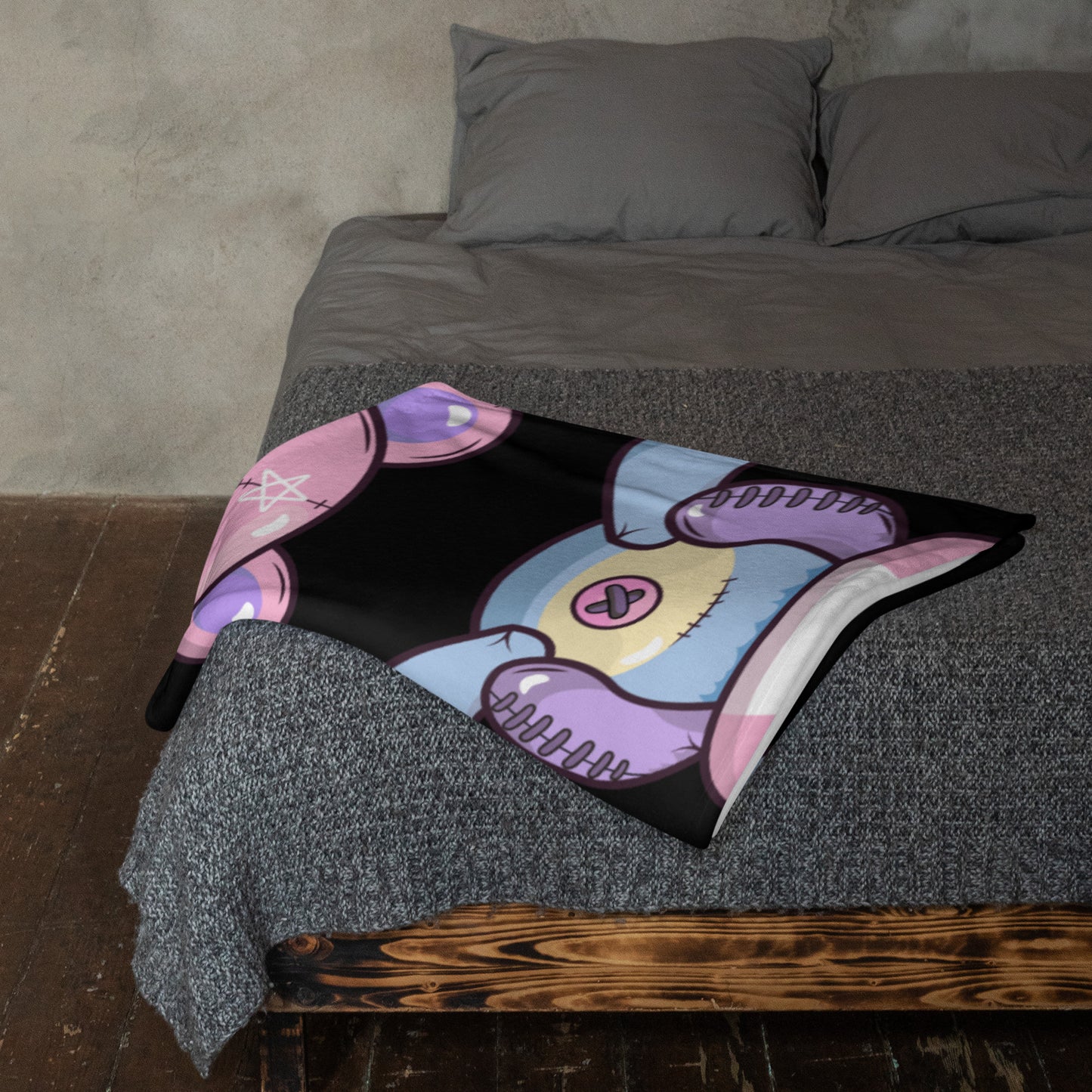 Custom Personalized Custom Name Emo Goth Stitched Teddy Bear Pentagram Throw Blanket